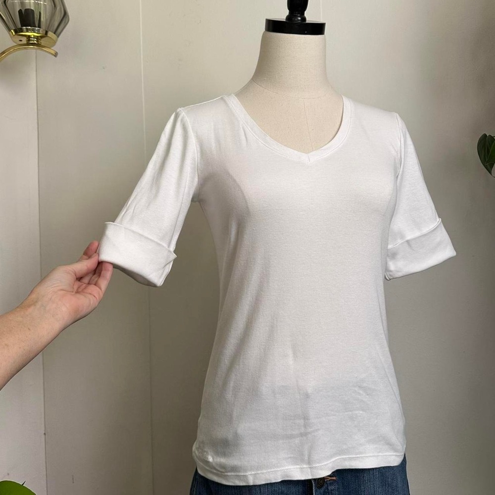 Lauren Ralph Lauren White V-Neck Knit Top Rolled Short Sleeve Basic Preppy Med